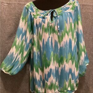 Ashley Stewart Blue, Green & White Wave Print Peasant Top. (C17)